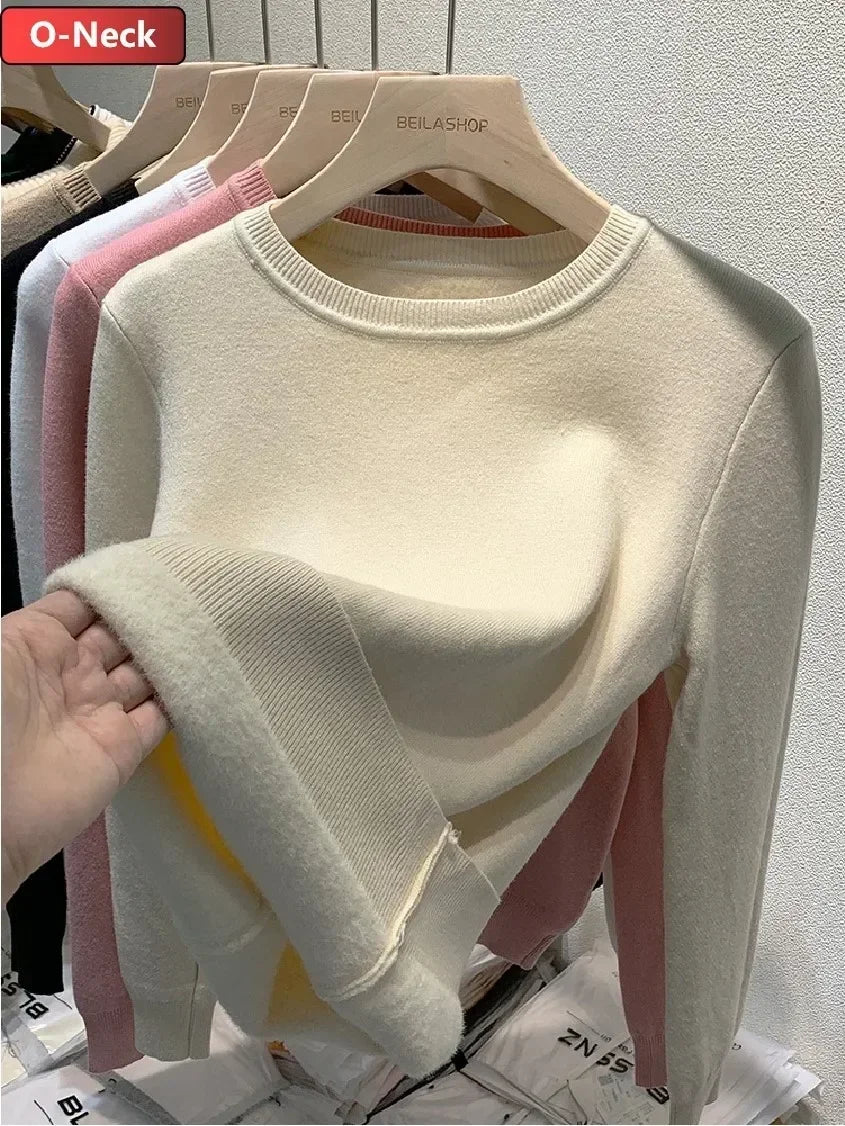 Winter Warm Sweater Pullover Women Slim Thicken Plush Velvet Lined Knitwear Jumper Korean Half Turtleneck Poleras Soft Knit Tops