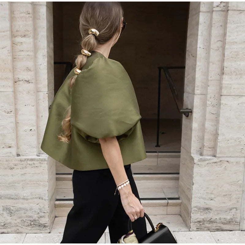 Spring Summer New Women's Fashion Casual Shirt Satin Bubble Sleeves Round Neck Loose Short Top Female Elegant Solid Blouses