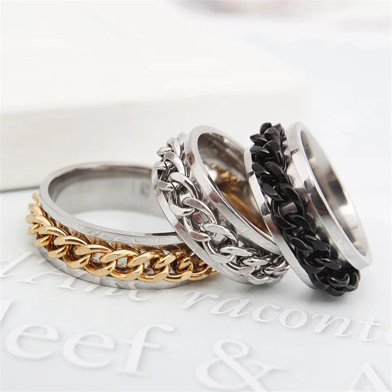 Titanium Steel Rotatable Chain Fidget Spinner Mens Rings Multifunction Anti Stress Knuckle Ring Accessories Anillo Hombres