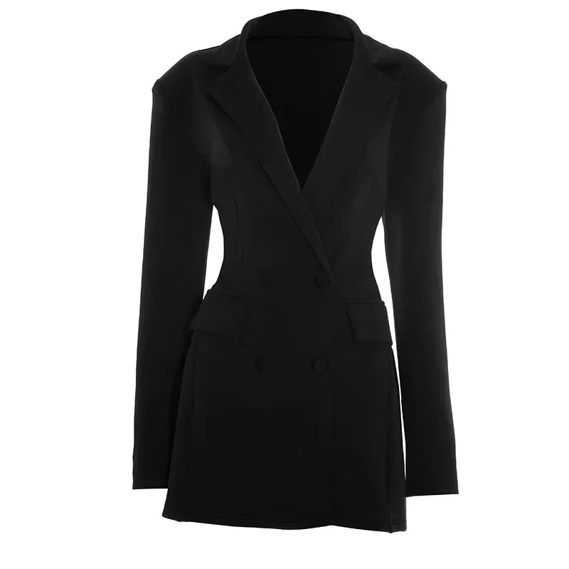 Chic Waist Cinching Women Mini Dress Fashion Full Sleeve Deep V-neck Double Breasted Short Dresses Lady Daily Party Street Gown